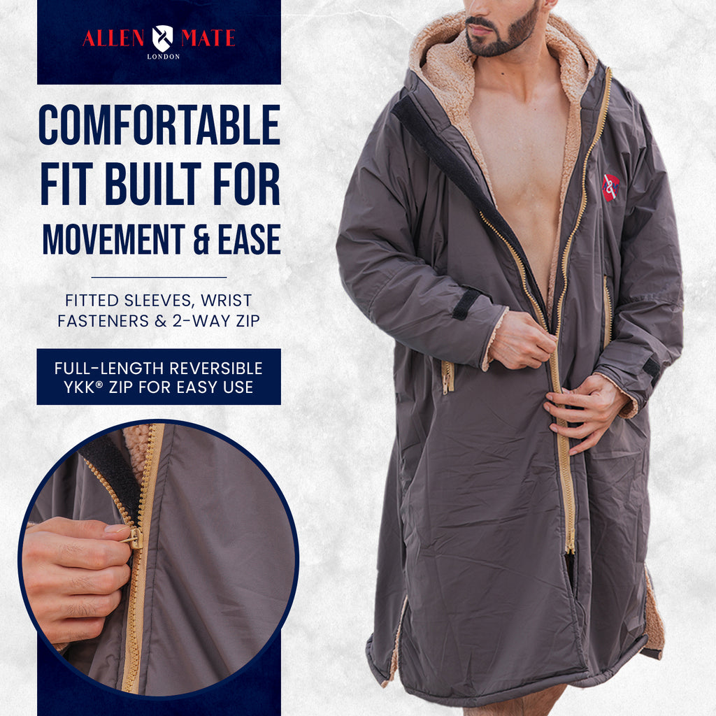ALLEN & MATE Adult Waterproof Changing Jacket, Sherpa Fleece-Lined and Swim Coat Parka, Heavy Duty Windproof Winter Robe