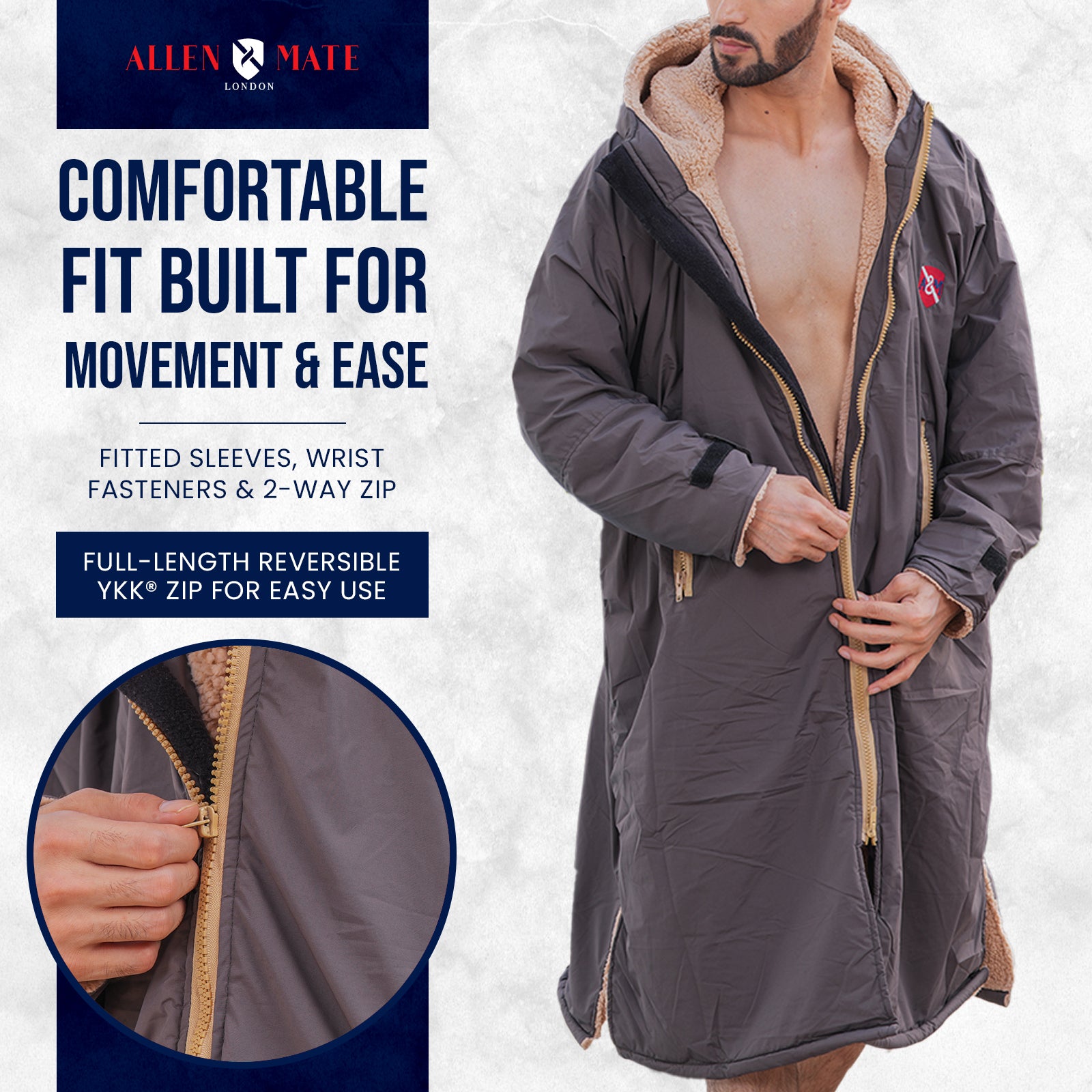 ALLEN & MATE Adult Waterproof Changing Jacket, Sherpa Fleece-Lined and Swim Coat Parka, Heavy Duty Windproof Winter Robe