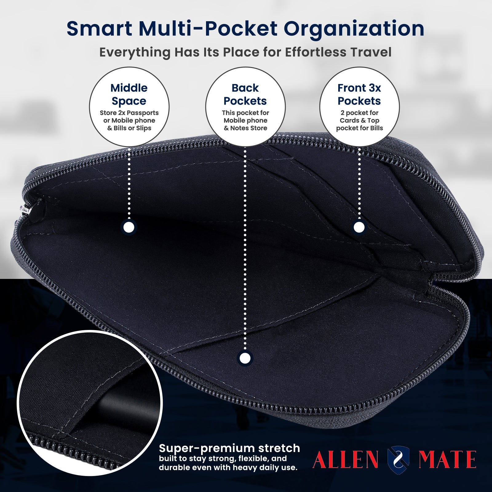 ALLEN & MATE Genuine Leather Travel Phone Sleeve & Passport Case – Slim Mobile Pouch Fits iPhone 17/17 Pro/17 Pro Max, 16/16 Plus/16 Pro/16 Pro Max, 15 Samsung Android – Travel Wallet