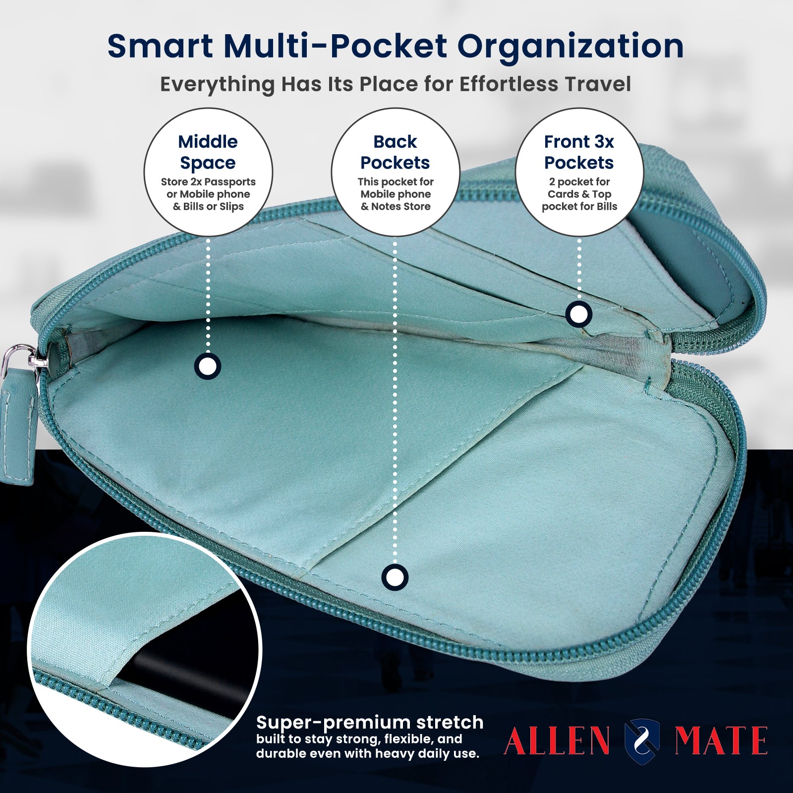 ALLEN & MATE Genuine Leather Travel Phone Sleeve & Passport Case – Slim Mobile Pouch Fits iPhone 17/17 Pro/17 Pro Max, 16/16 Plus/16 Pro/16 Pro Max, 15 Samsung Android – Travel Wallet