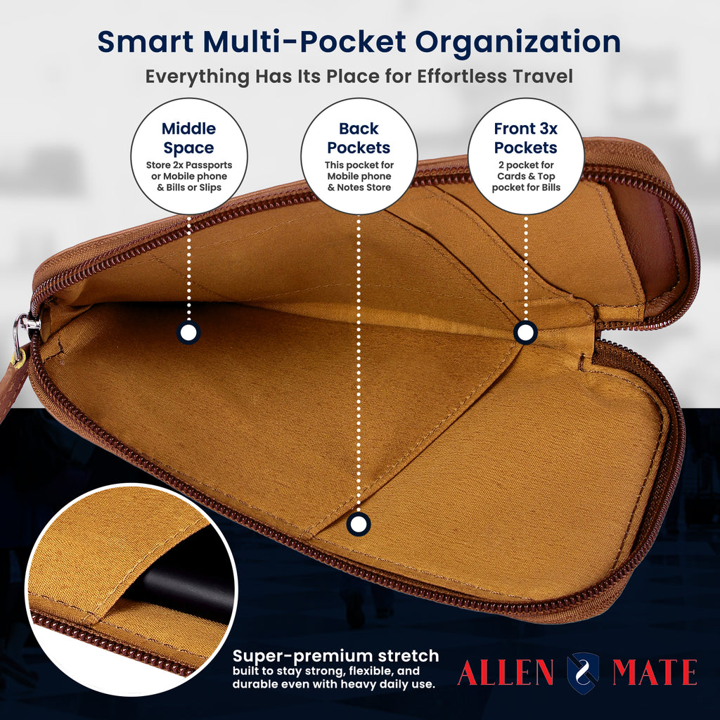 ALLEN & MATE Genuine Leather Travel Phone Sleeve & Passport Case – Slim Mobile Pouch Fits iPhone 17/17 Pro/17 Pro Max, 16/16 Plus/16 Pro/16 Pro Max, 15 Samsung Android – Travel Wallet
