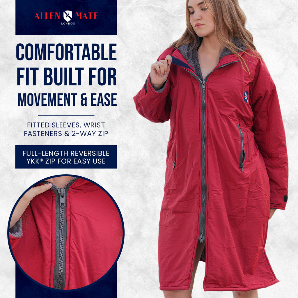 ALLEN & MATE Adult Waterproof Changing Jacket, Sherpa Fleece-Lined and Swim Coat Parka, Heavy Duty Windproof Winter Robe