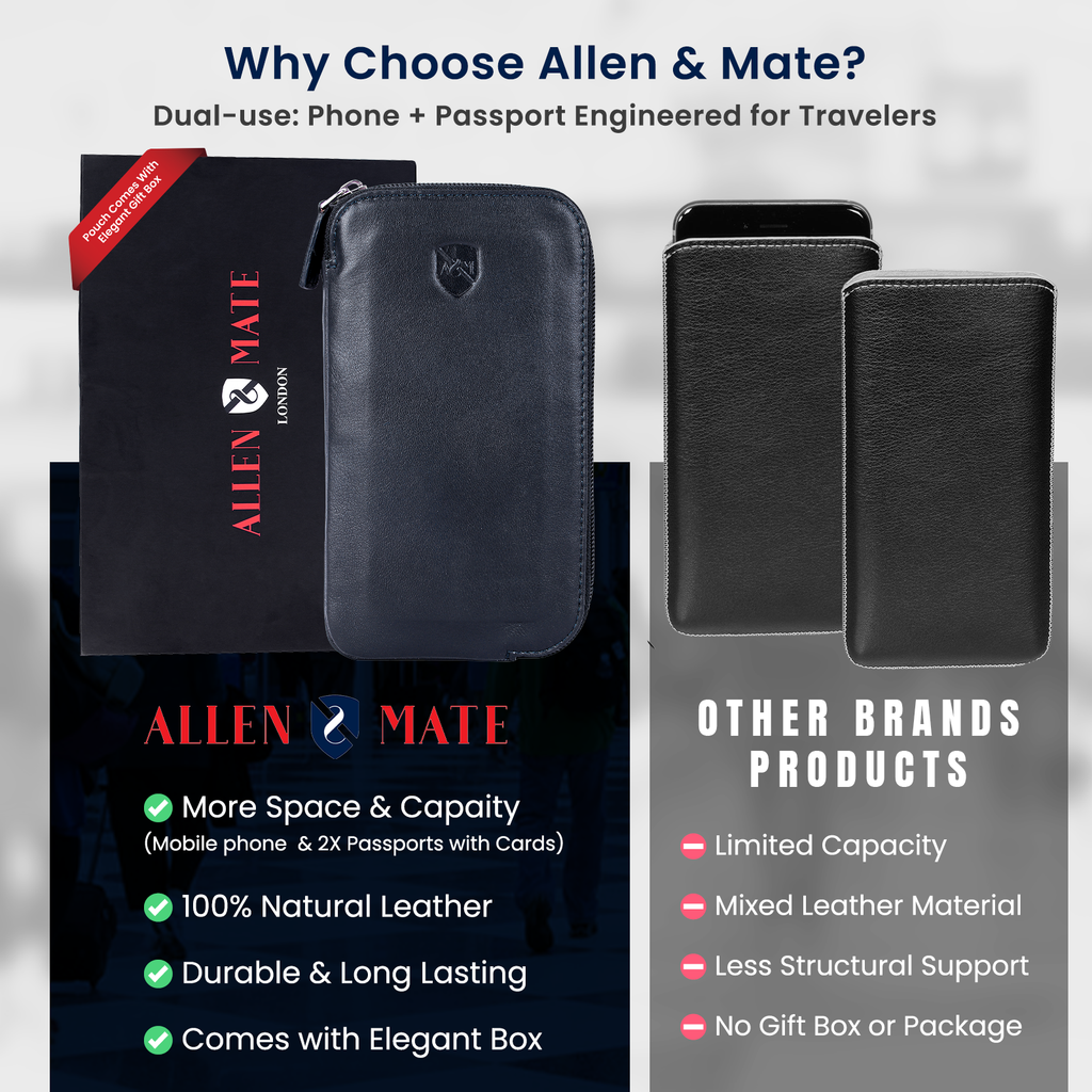 ALLEN & MATE Genuine Leather Travel Phone Sleeve & Passport Case – Slim Mobile Pouch Fits iPhone 17/17 Pro/17 Pro Max, 16/16 Plus/16 Pro/16 Pro Max, 15 Samsung Android – Travel Wallet