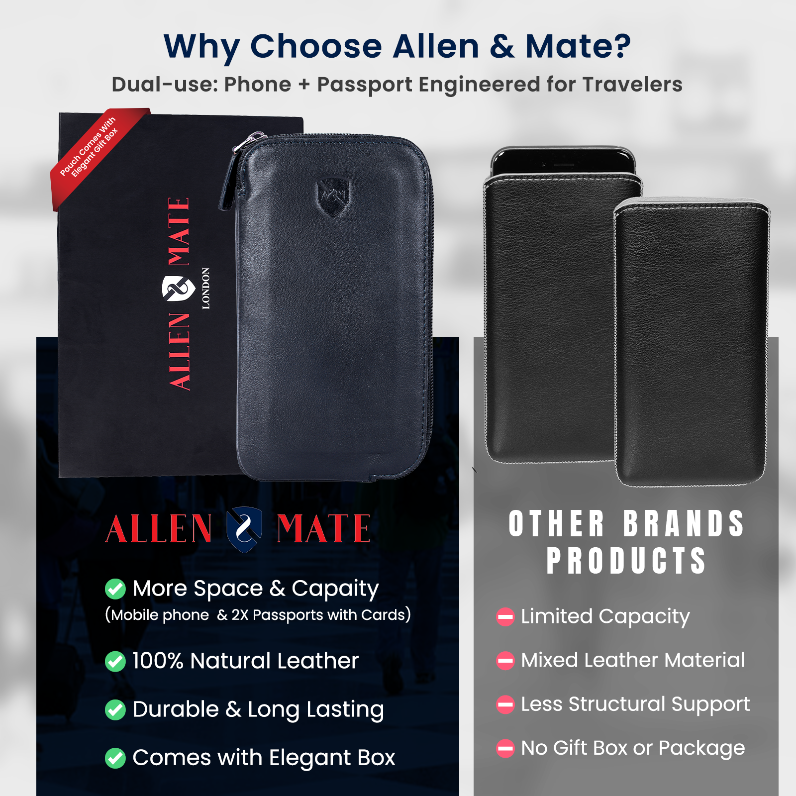 ALLEN & MATE Genuine Leather Travel Phone Sleeve & Passport Case – Slim Mobile Pouch Fits iPhone 17/17 Pro/17 Pro Max, 16/16 Plus/16 Pro/16 Pro Max, 15 Samsung Android – Travel Wallet