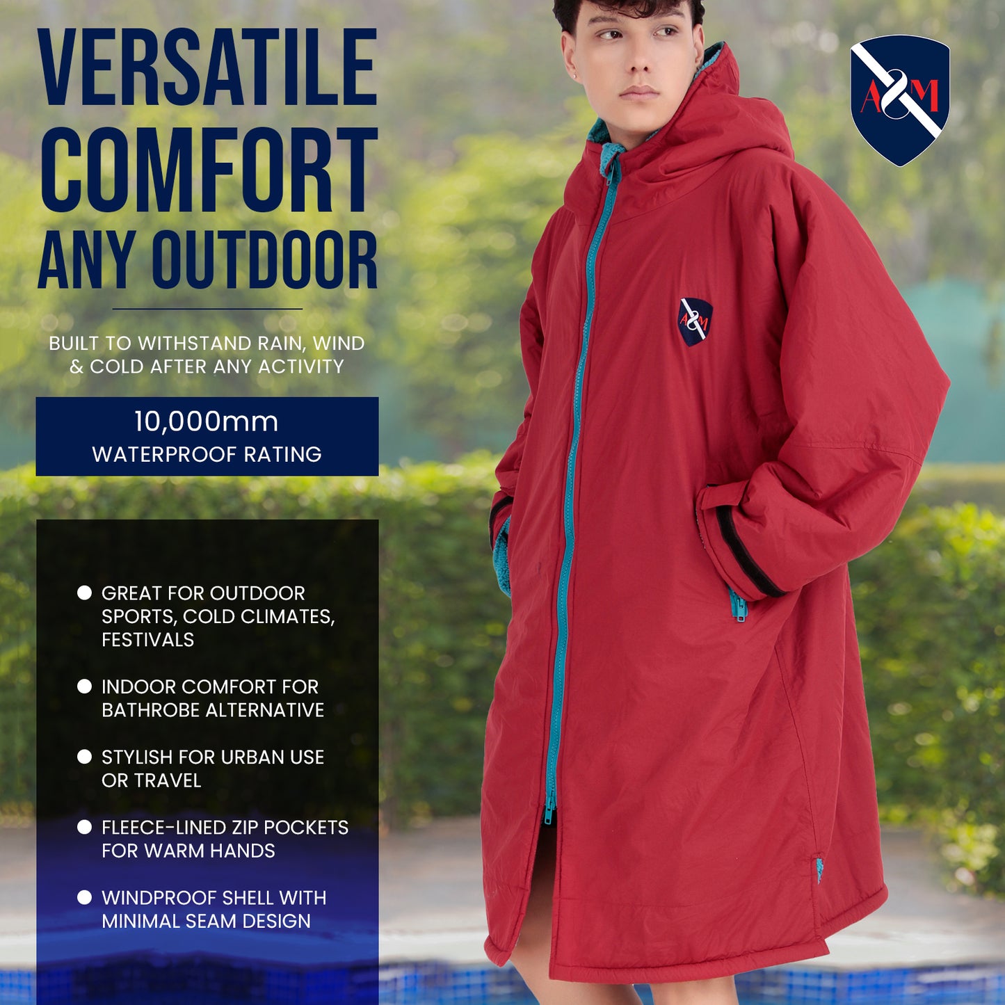 ALLEN & MATE Adult Waterproof Changing Jacket, Sherpa Fleece-Lined and Swim Coat Parka, Heavy Duty Windproof Winter Robe