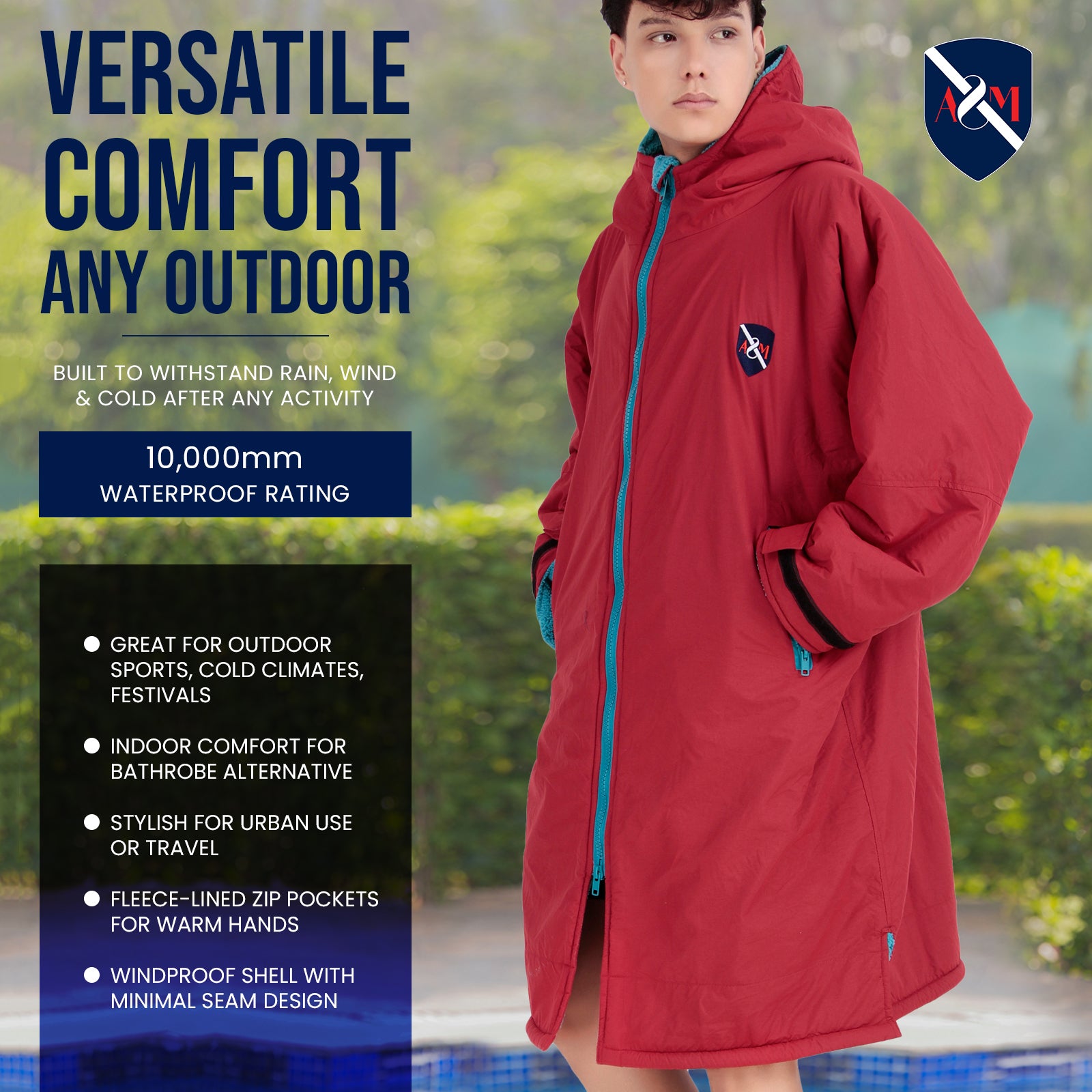 ALLEN & MATE Adult Waterproof Changing Jacket, Sherpa Fleece-Lined and Swim Coat Parka, Heavy Duty Windproof Winter Robe