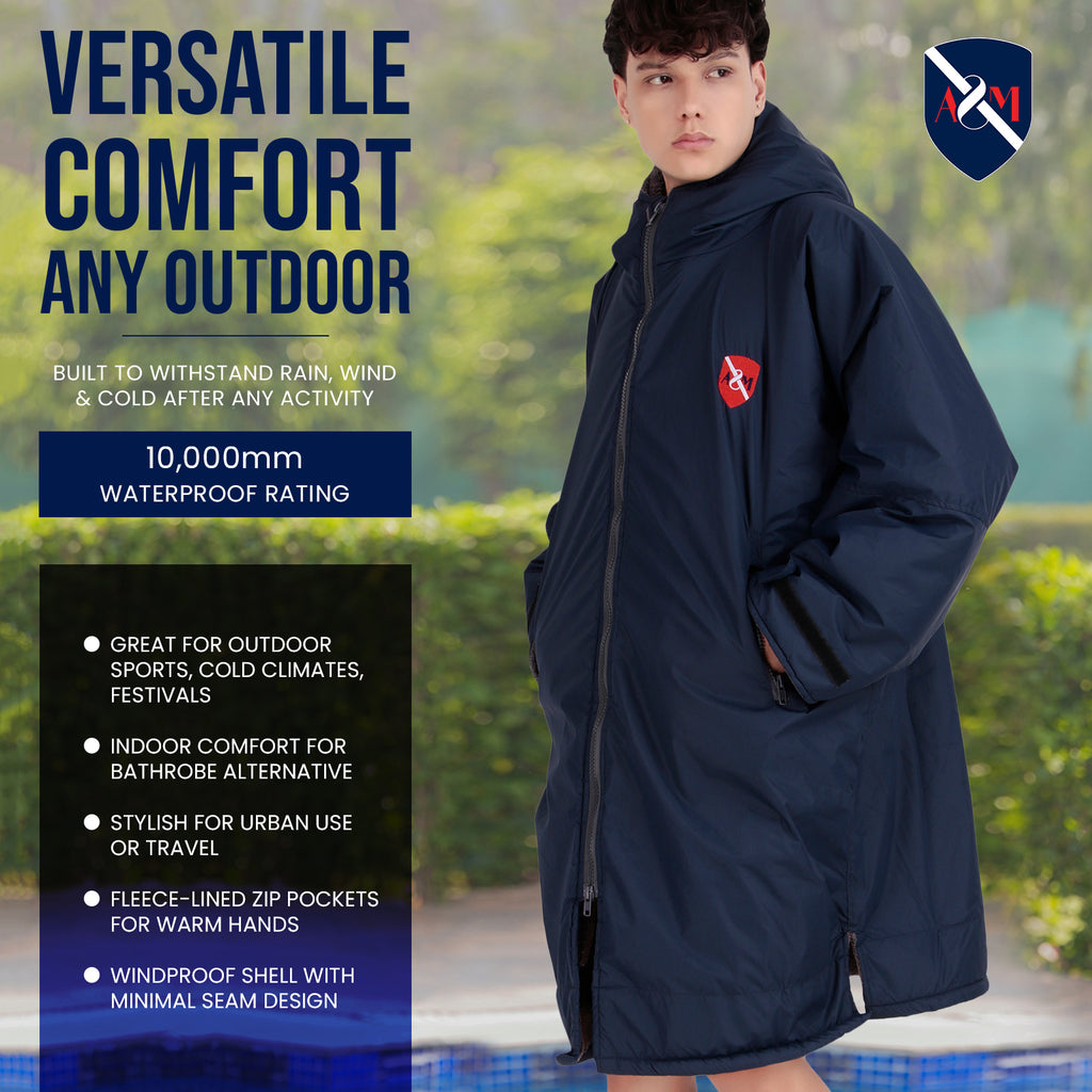 ALLEN & MATE Adult Waterproof Changing Jacket, Sherpa Fleece-Lined and Swim Coat Parka, Heavy Duty Windproof Winter Robe