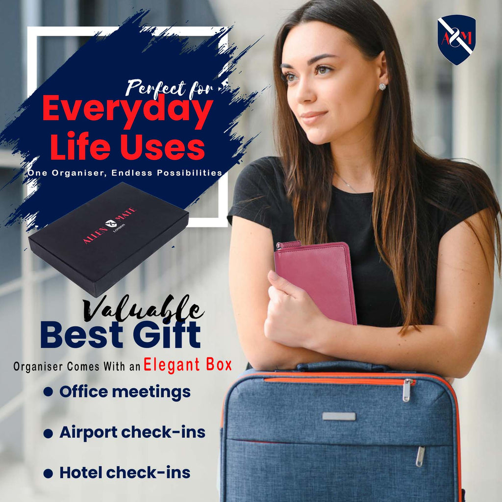 ALLEN & MATE Passport Holder Travel Wallet, 100% Leather RFID Blocking Travel Document Organiser for Men & Women