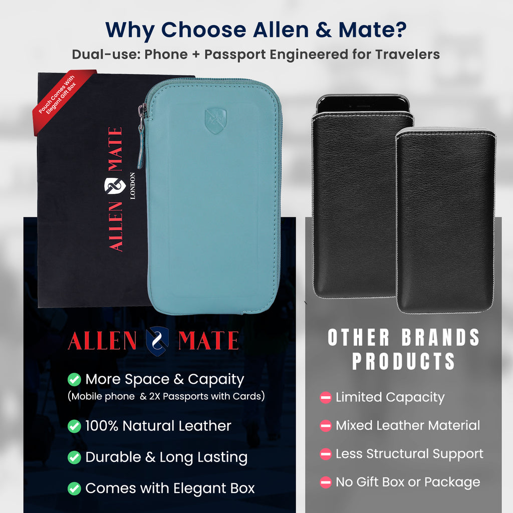 ALLEN & MATE Genuine Leather Travel Phone Sleeve & Passport Case – Slim Mobile Pouch Fits iPhone 17/17 Pro/17 Pro Max, 16/16 Plus/16 Pro/16 Pro Max, 15 Samsung Android – Travel Wallet