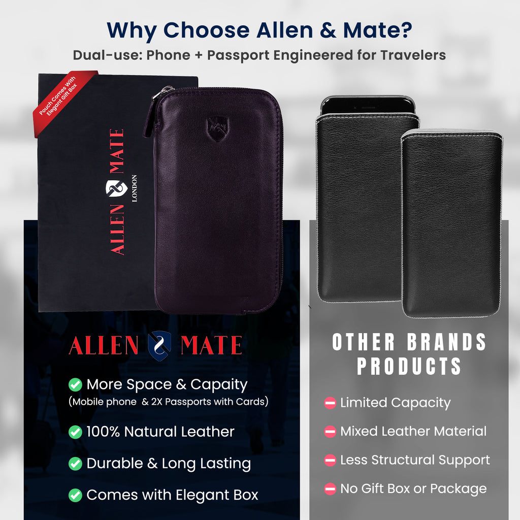 ALLEN & MATE Genuine Leather Travel Phone Sleeve & Passport Case – Slim Mobile Pouch Fits iPhone 17/17 Pro/17 Pro Max, 16/16 Plus/16 Pro/16 Pro Max, 15 Samsung Android – Travel Wallet