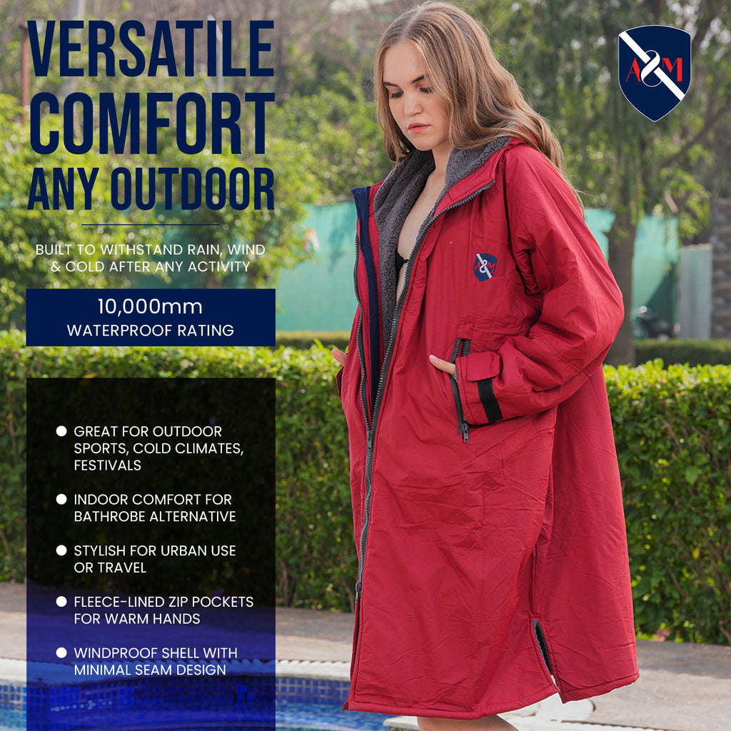 ALLEN & MATE Adult Waterproof Changing Jacket, Sherpa Fleece-Lined and Swim Coat Parka, Heavy Duty Windproof Winter Robe