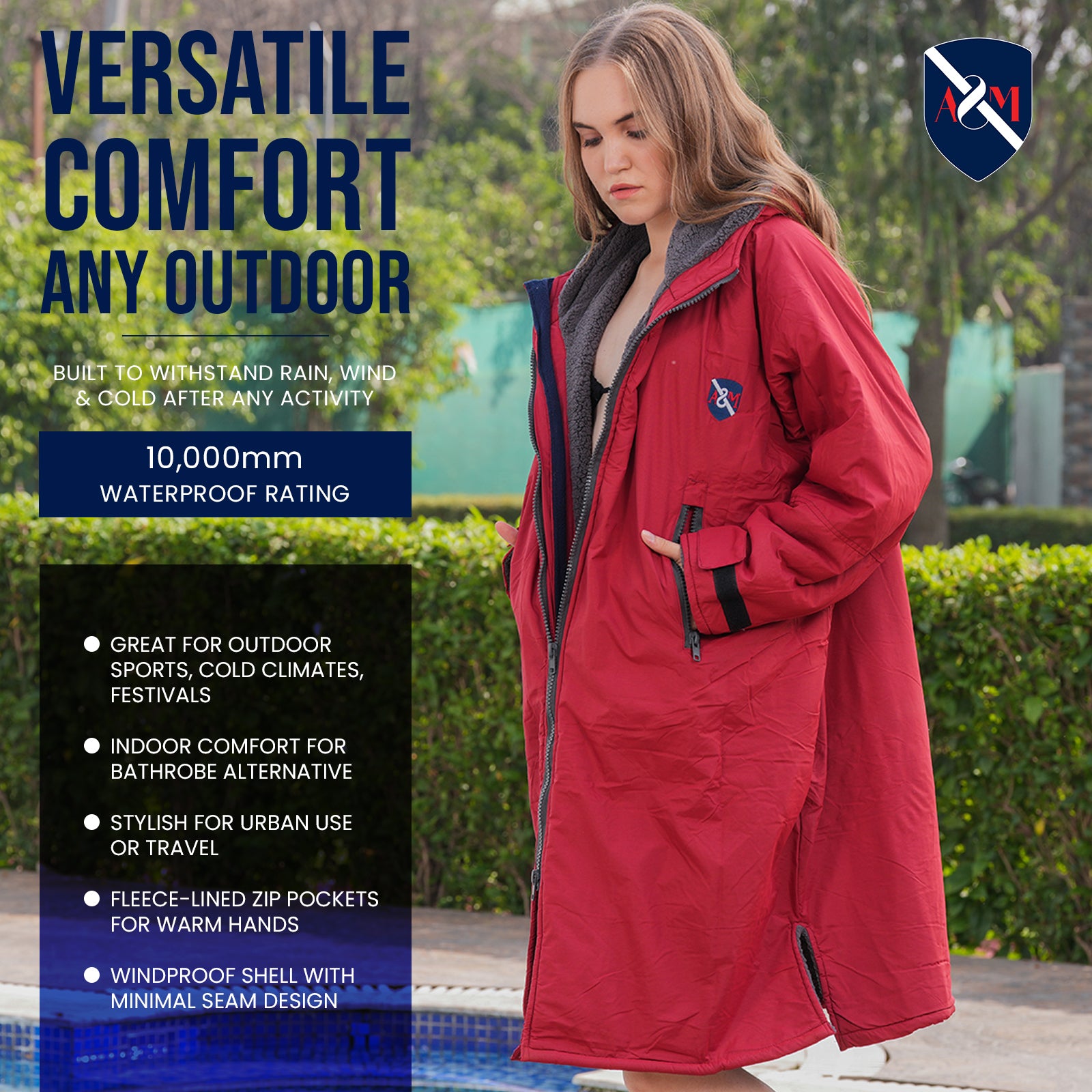 ALLEN & MATE Adult Waterproof Changing Jacket, Sherpa Fleece-Lined and Swim Coat Parka, Heavy Duty Windproof Winter Robe