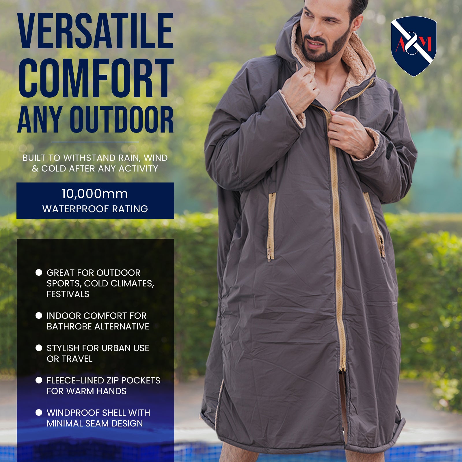 ALLEN & MATE Adult Waterproof Changing Jacket, Sherpa Fleece-Lined and Swim Coat Parka, Heavy Duty Windproof Winter Robe