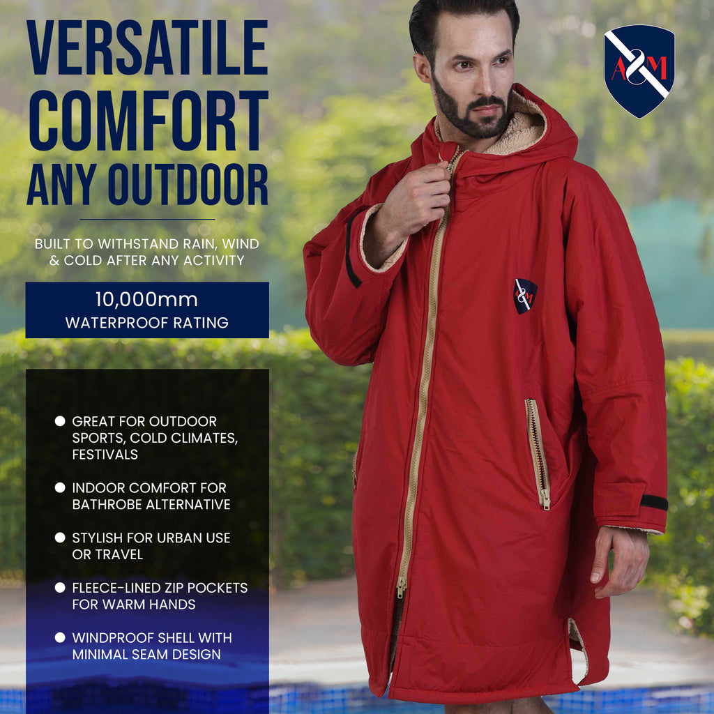 ALLEN & MATE Adult Waterproof Changing Jacket, Sherpa Fleece-Lined and Swim Coat Parka, Heavy Duty Windproof Winter Robe