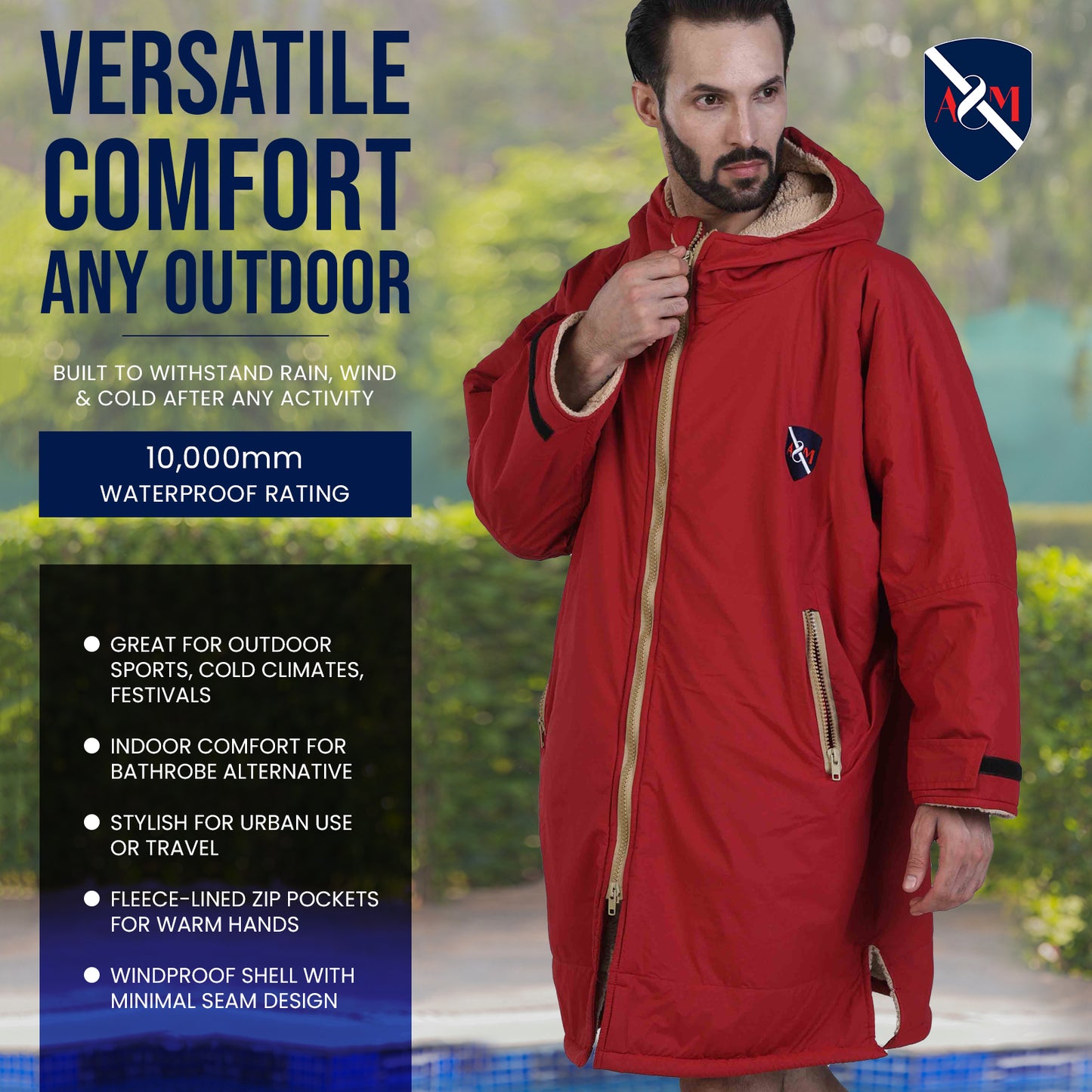 ALLEN & MATE Adult Waterproof Changing Jacket, Sherpa Fleece-Lined and Swim Coat Parka, Heavy Duty Windproof Winter Robe