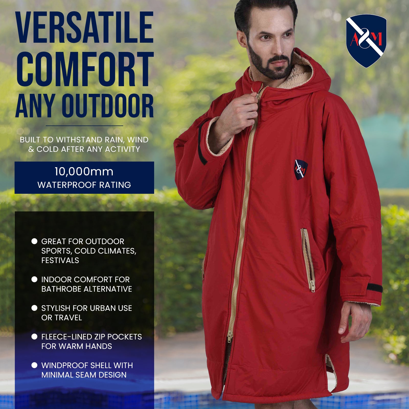 ALLEN & MATE Adult Waterproof Changing Jacket, Sherpa Fleece-Lined and Swim Coat Parka, Heavy Duty Windproof Winter Robe