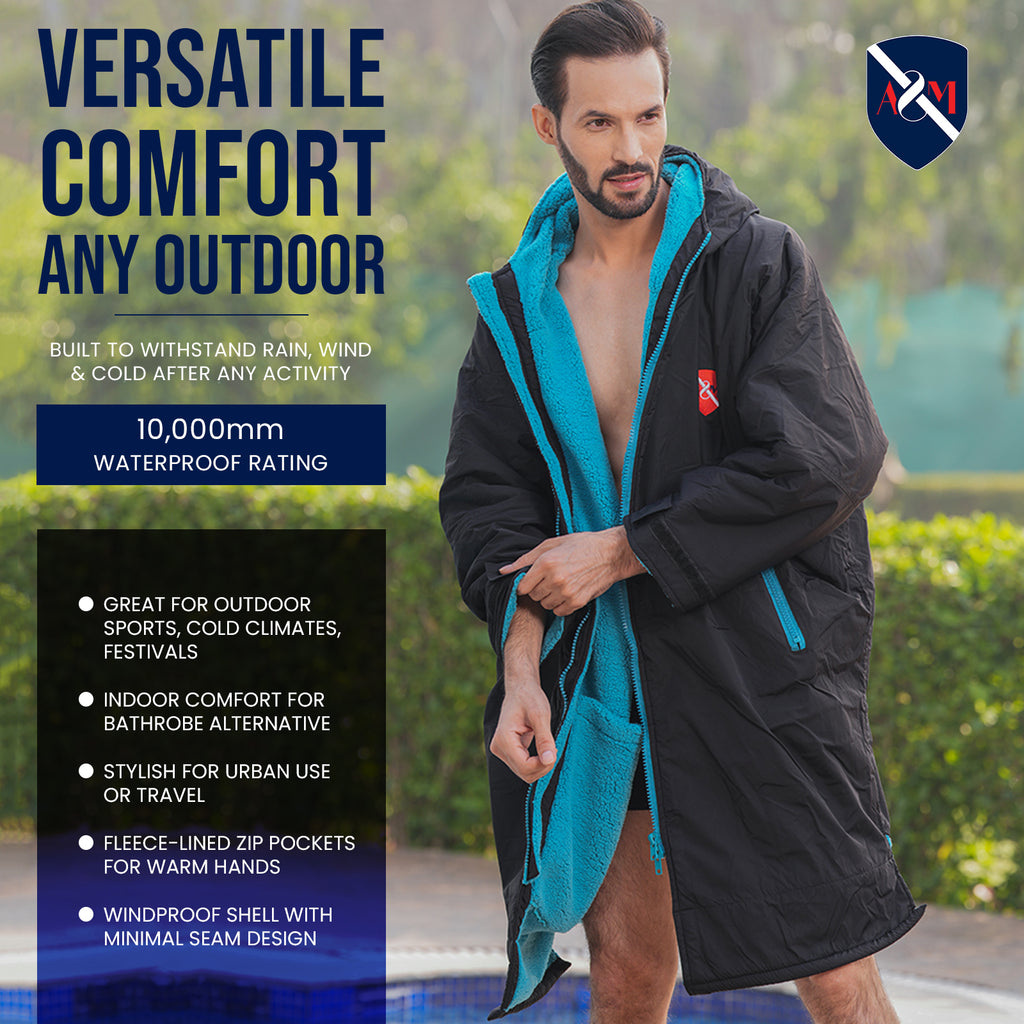 ALLEN & MATE Adult Waterproof Changing Jacket, Sherpa Fleece-Lined and Swim Coat Parka, Heavy Duty Windproof Winter Robe