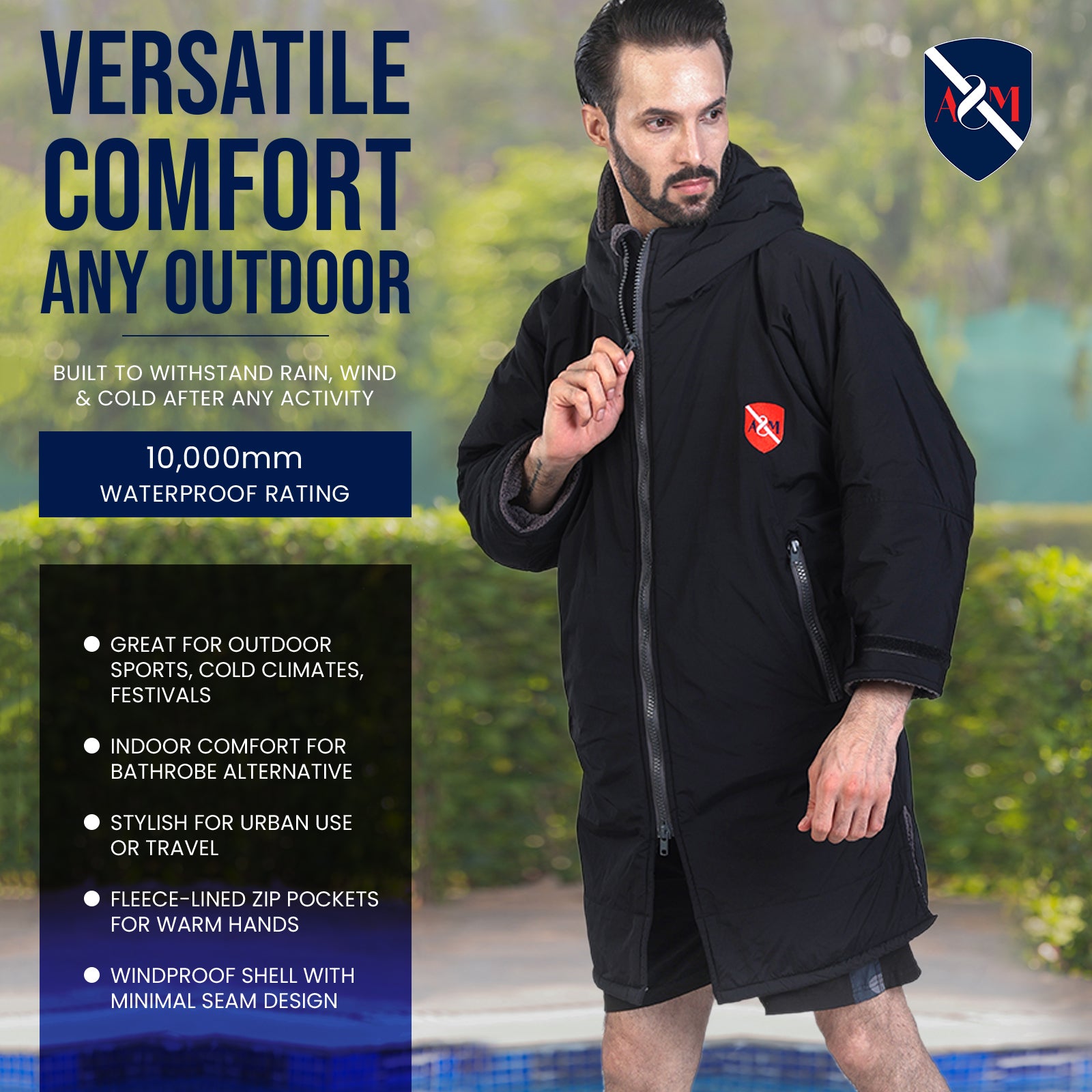 ALLEN & MATE Adult Waterproof Changing Jacket, Sherpa Fleece-Lined and Swim Coat Parka, Heavy Duty Windproof Winter Robe