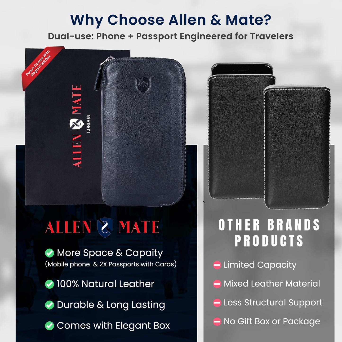 ALLEN & MATE Genuine Leather Travel Phone Sleeve & Passport Case – Slim Mobile Pouch Fits iPhone 17/17 Pro/17 Pro Max, 16/16 Plus/16 Pro/16 Pro Max, 15 Samsung Android – Travel Wallet