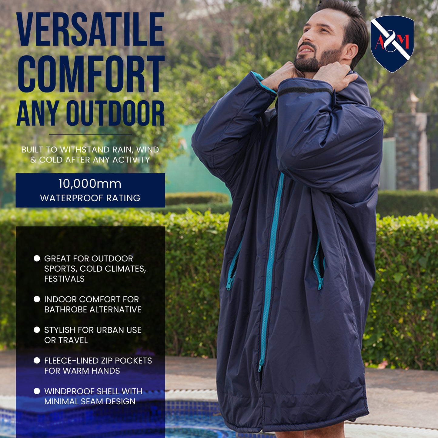 ALLEN & MATE Adult Waterproof Changing Jacket, Sherpa Fleece-Lined and Swim Coat Parka, Heavy Duty Windproof Winter Robe