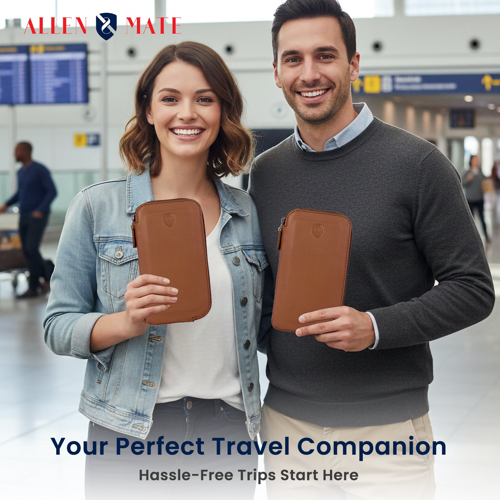 ALLEN & MATE Genuine Leather Travel Phone Sleeve & Passport Case – Slim Mobile Pouch Fits iPhone 17/17 Pro/17 Pro Max, 16/16 Plus/16 Pro/16 Pro Max, 15 Samsung Android – Travel Wallet