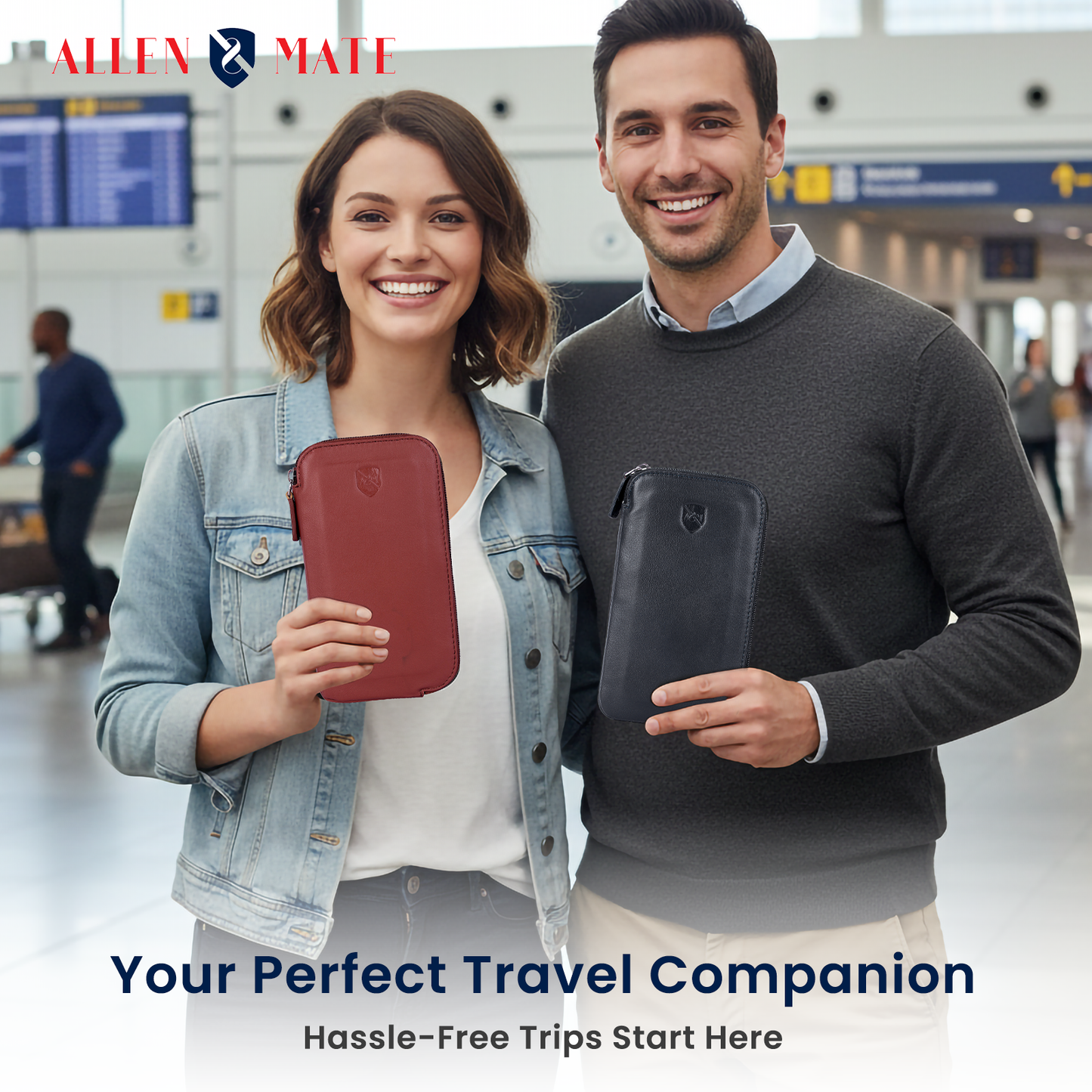 ALLEN & MATE Genuine Leather Travel Phone Sleeve & Passport Case – Slim Mobile Pouch Fits iPhone 17/17 Pro/17 Pro Max, 16/16 Plus/16 Pro/16 Pro Max, 15 Samsung Android – Travel Wallet