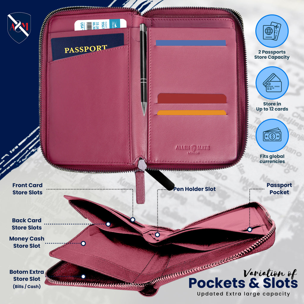 ALLEN & MATE Passport Holder Travel Wallet, 100% Leather RFID Blocking Travel Document Organiser for Men & Women