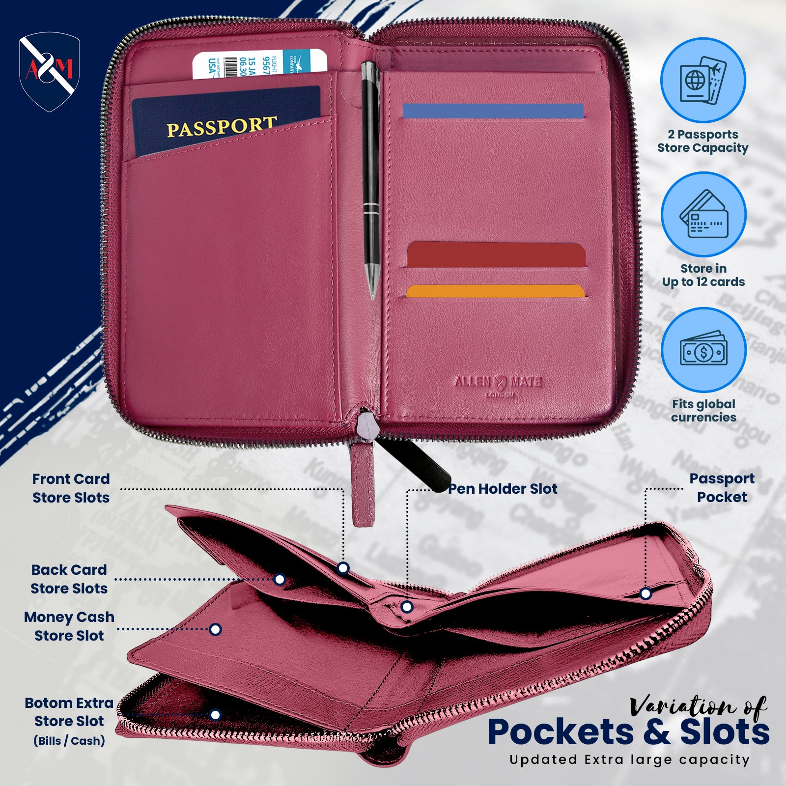 ALLEN & MATE Passport Holder Travel Wallet, 100% Leather RFID Blocking Travel Document Organiser for Men & Women