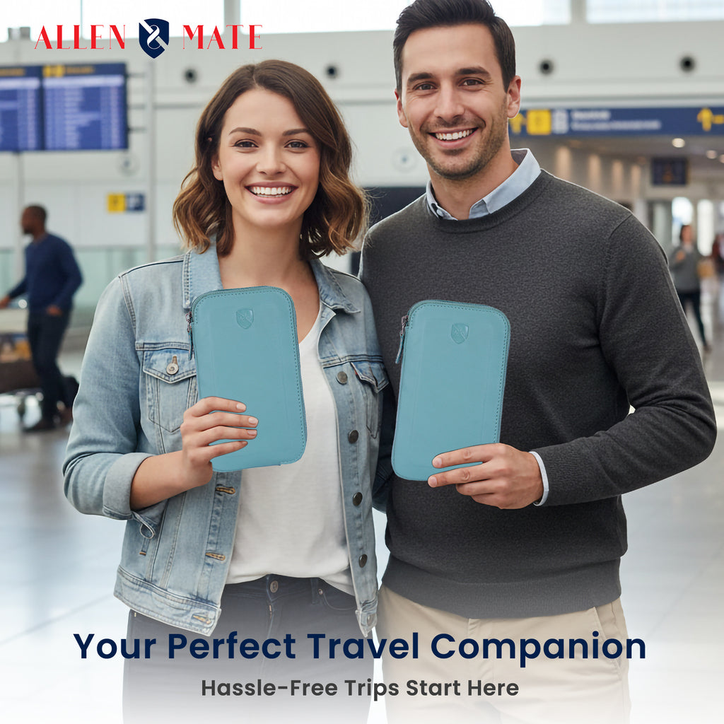 ALLEN & MATE Genuine Leather Travel Phone Sleeve & Passport Case – Slim Mobile Pouch Fits iPhone 17/17 Pro/17 Pro Max, 16/16 Plus/16 Pro/16 Pro Max, 15 Samsung Android – Travel Wallet