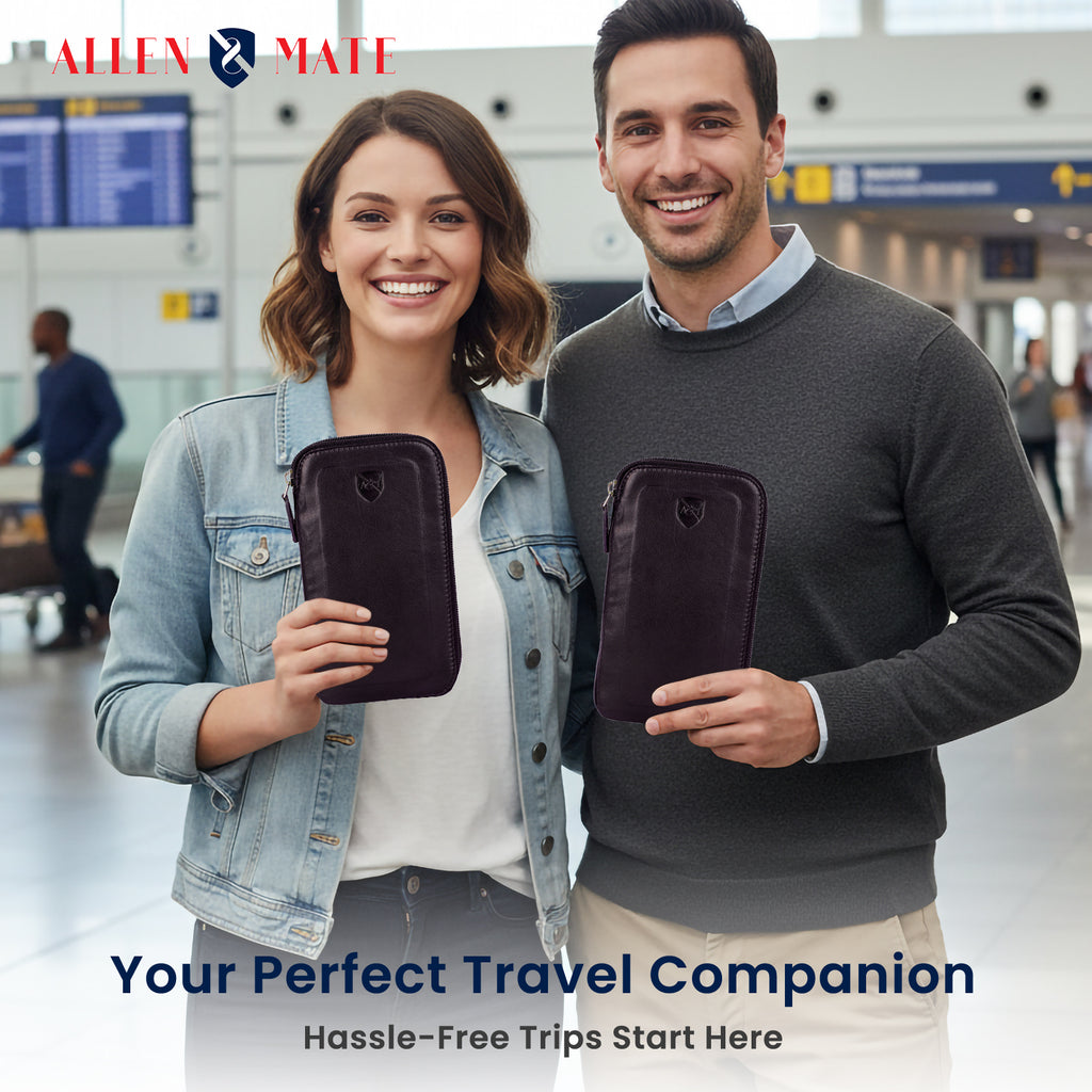 ALLEN & MATE Genuine Leather Travel Phone Sleeve & Passport Case – Slim Mobile Pouch Fits iPhone 17/17 Pro/17 Pro Max, 16/16 Plus/16 Pro/16 Pro Max, 15 Samsung Android – Travel Wallet