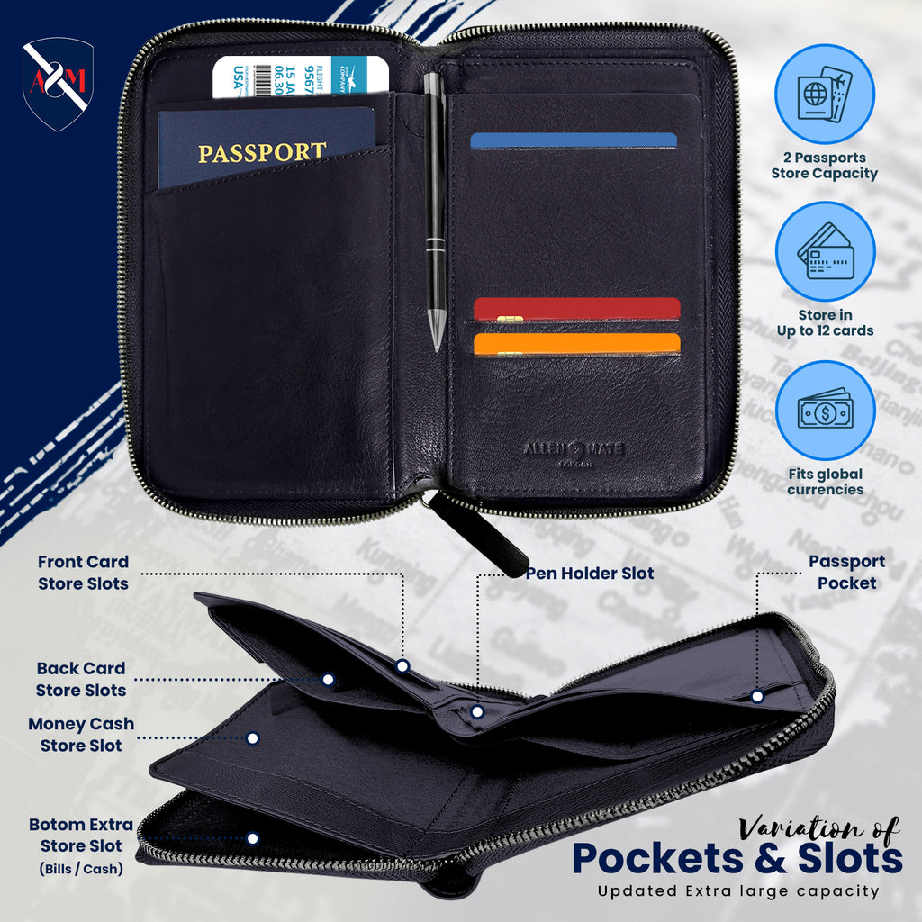 ALLEN & MATE Passport Holder Travel Wallet, 100% Leather RFID Blocking Travel Document Organiser for Men & Women