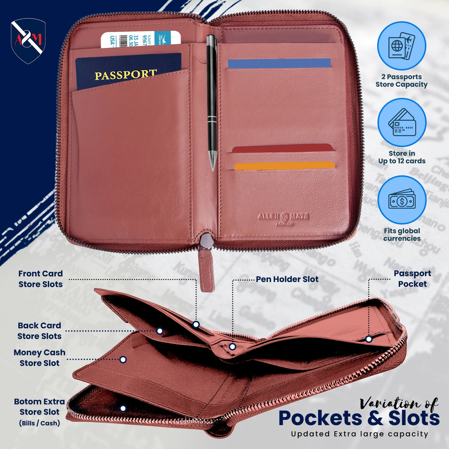 ALLEN & MATE Passport Holder Travel Wallet, 100% Leather RFID Blocking Travel Document Organiser for Men & Women
