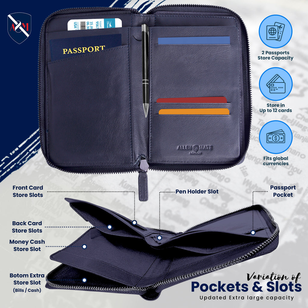 ALLEN & MATE Passport Holder Travel Wallet, 100% Leather RFID Blocking Travel Document Organiser for Men & Women