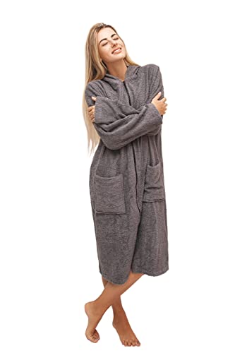 ALLEN & MATE Ladies 100% Cotton Towelling Bathrobe Dressing Gown, Bath Towel for Ladies With Zip, Womens Hooded Dressing Gowns