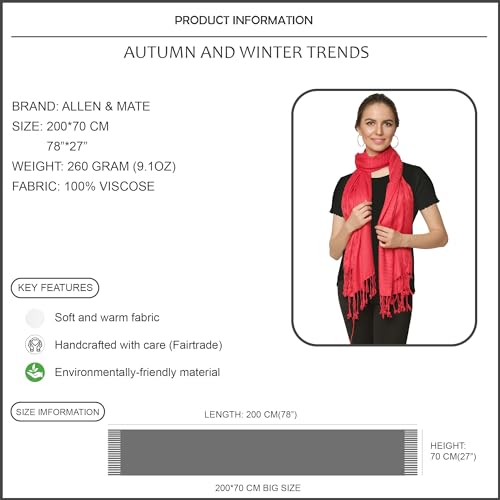 ALLEN & MATE Handcrafted Soft Pashmina Shawl Scarf Wrap Stole for Women in Solid Colors