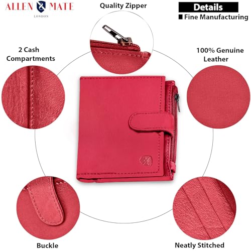 ALLEN & MATE Leather Card Holder Slim Wallet with Zip Coin Pocket, RFID Blocking Minimalist Wallet Credit Card Holder, Holds up to 7 Cards and Bank Notes, with Gift Box