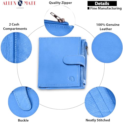 ALLEN & MATE Leather Card Holder Slim Wallet with Zip Coin Pocket, RFID Blocking Minimalist Wallet Credit Card Holder, Holds up to 7 Cards and Bank Notes, with Gift Box