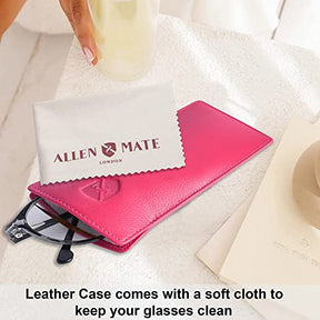 ALLEN & MATE Real Leather Reading Glasses Case Slim Soft Spectacles Pouch Sleeve with Glass Cleaning Cloth