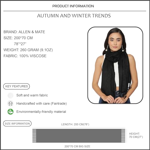 ALLEN & MATE Handcrafted Soft Pashmina Shawl Scarf Wrap Stole for Women in Solid Colors