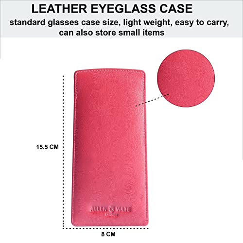 ALLEN & MATE Real Leather Reading Glasses Case Slim Soft Spectacles Pouch Sleeve with Glass Cleaning Cloth