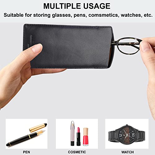 ALLEN & MATE Real Leather Reading Glasses Case Slim Soft Spectacles Pouch Sleeve with Glass Cleaning Cloth