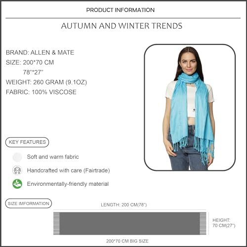 ALLEN & MATE Handcrafted Soft Pashmina Shawl Scarf Wrap Stole for Women in Solid Colors