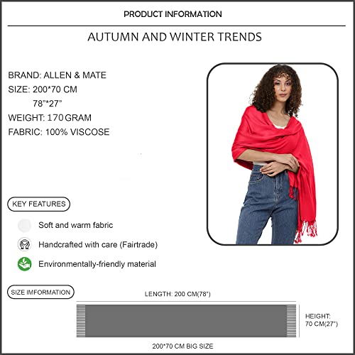 ALLEN & MATE Handcrafted Soft Pashmina Shawl Scarf Wrap Stole for Women in Solid Colors