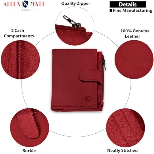 ALLEN & MATE Leather Card Holder Slim Wallet with Zip Coin Pocket, RFID Blocking Minimalist Wallet Credit Card Holder, Holds up to 7 Cards and Bank Notes, with Gift Box