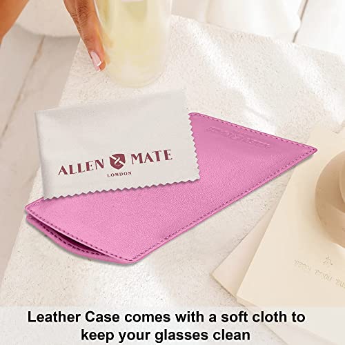 ALLEN & MATE Real Leather Reading Glasses Case Slim Soft Spectacles Pouch Sleeve with Glass Cleaning Cloth