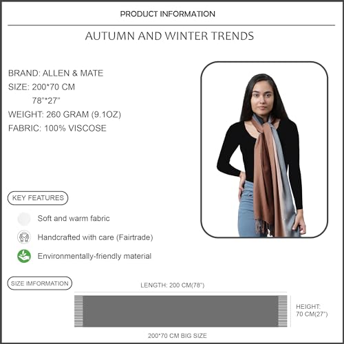 ALLEN & MATE Handcrafted Soft Pashmina Shawl Scarf Wrap Stole for Women in Solid Colors