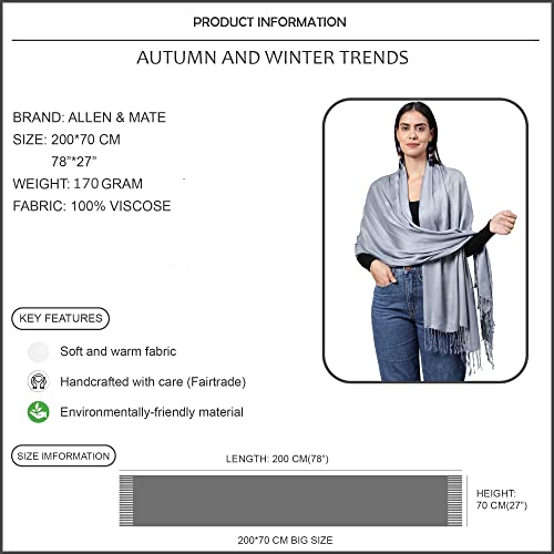 ALLEN & MATE Handcrafted Soft Pashmina Shawl Scarf Wrap Stole for Women in Solid Colors