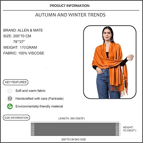 ALLEN & MATE Handcrafted Soft Pashmina Shawl Scarf Wrap Stole for Women in Solid Colors