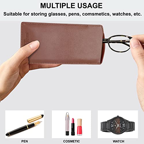 ALLEN & MATE Real Leather Reading Glasses Case Slim Soft Spectacles Pouch Sleeve with Glass Cleaning Cloth