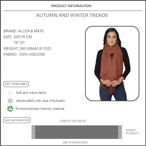 ALLEN & MATE Handcrafted Soft Pashmina Shawl Scarf Wrap Stole for Women in Solid Colors